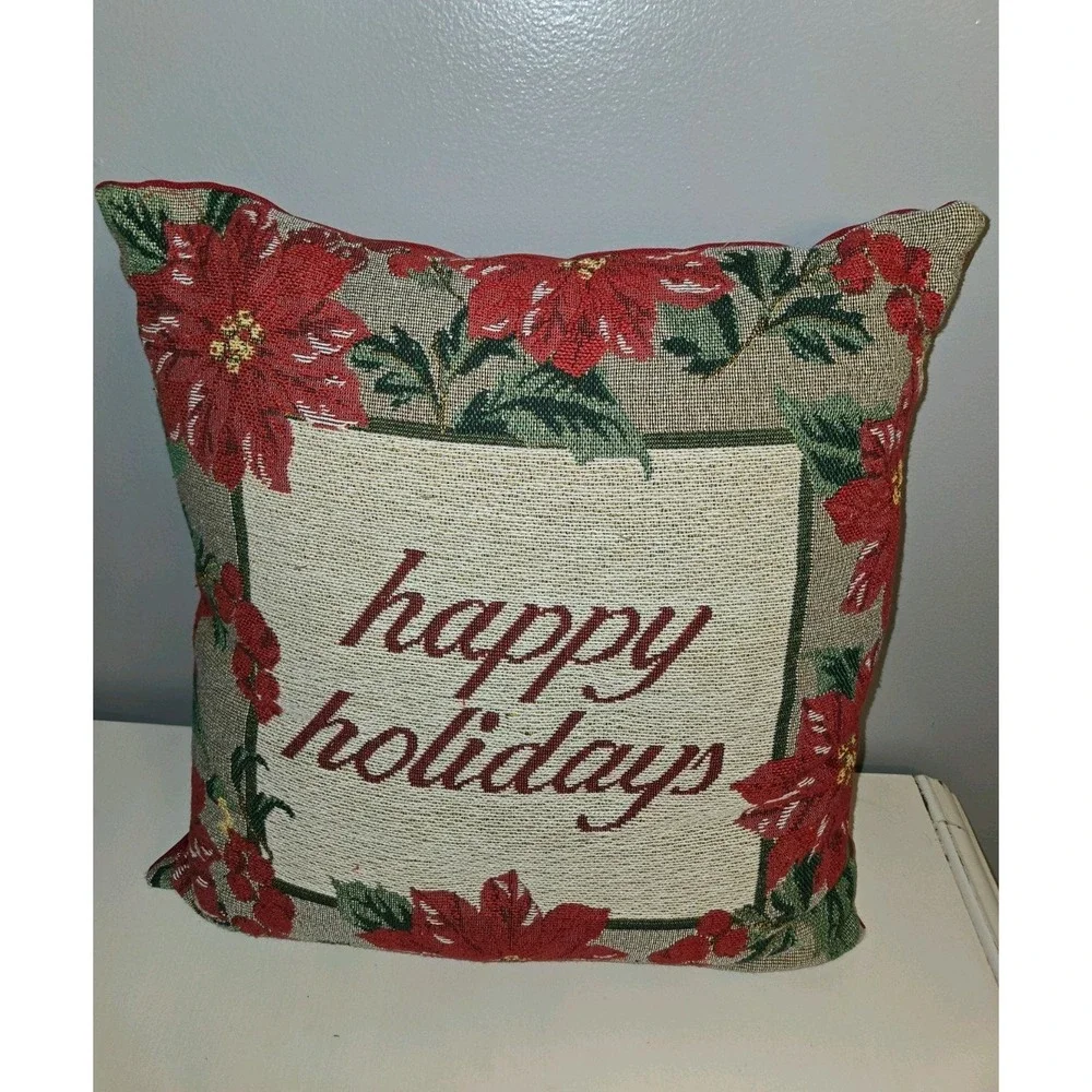 Happy Holidays Poinsettia Woven Tapestry Christmas Throw Pillow Red‎ 17x17